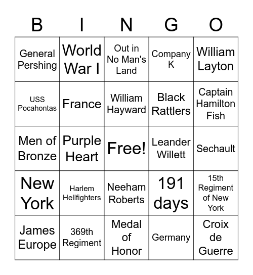 Harlem Hellfighters Bingo Card