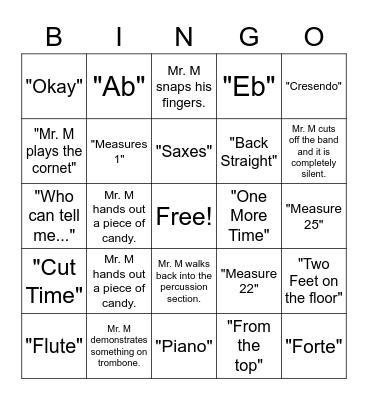 7th Grade Band Bingo Card