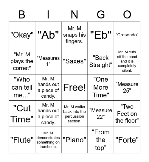 7th Grade Band Bingo Card