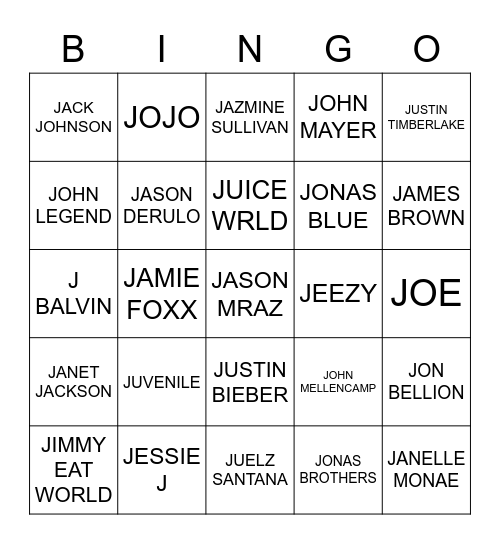 J ARTISTS Bingo Card