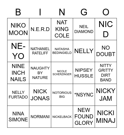 N ARTISTS Bingo Card