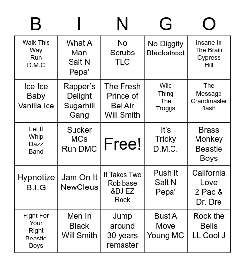 Hip Hop Bingo Card