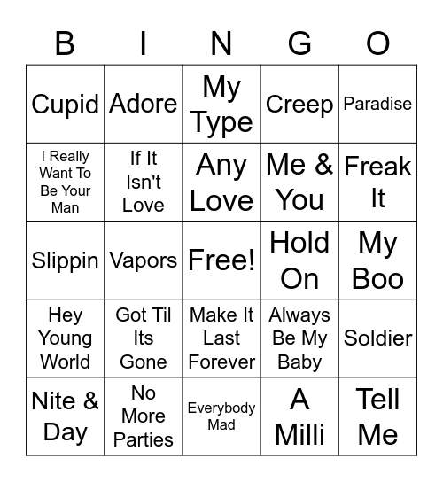 Hip Hop and R&B Bingo Card