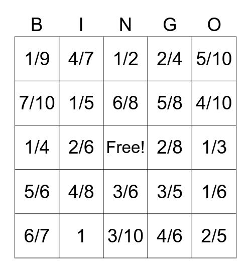 Fraction BINGO Card