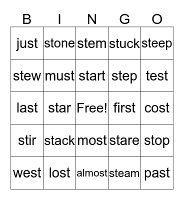 st words Bingo Card