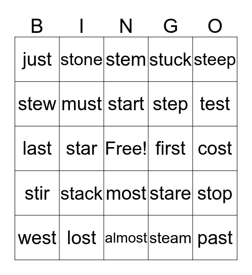 st words Bingo Card