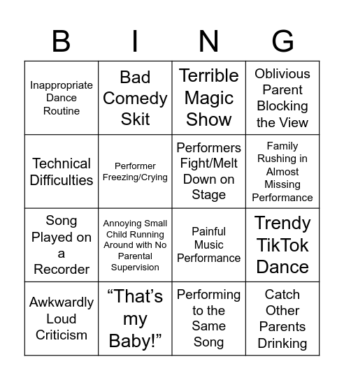 Talent Show Bingo Card