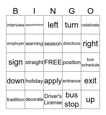 Vocabulary Review Bingo Card