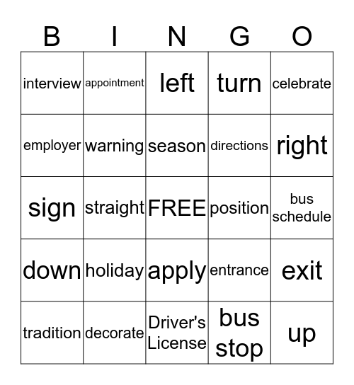 Vocabulary Review Bingo Card