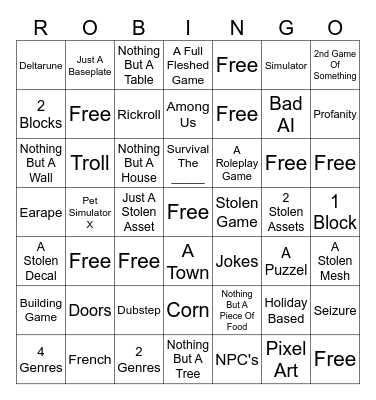 Roblox Experience Request Bingo Card