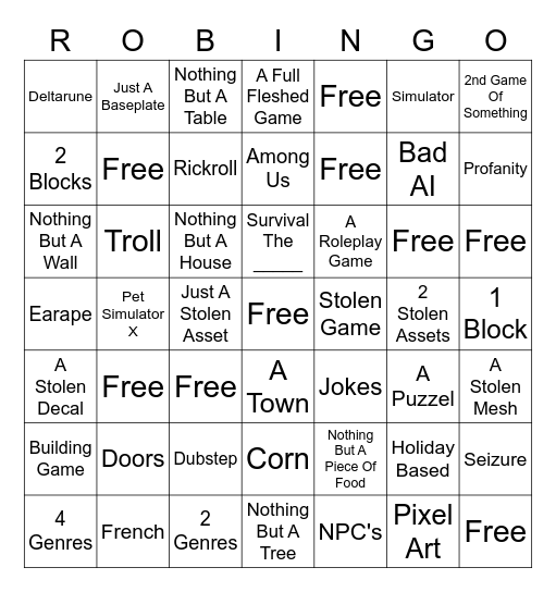 Roblox Experience Request Bingo Card