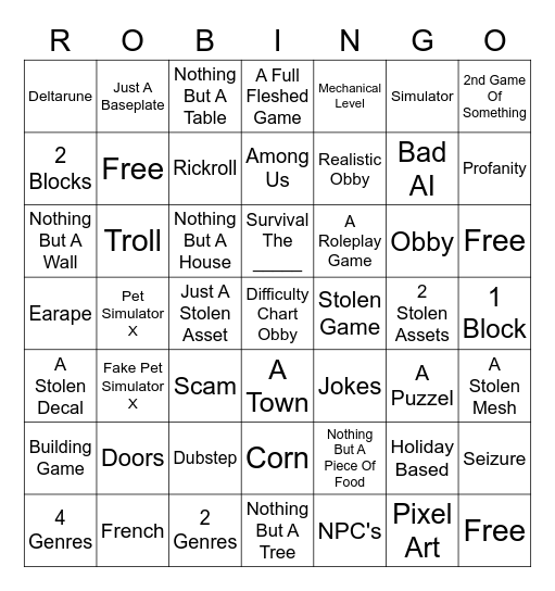 Roblox Experience Request Bingo Card