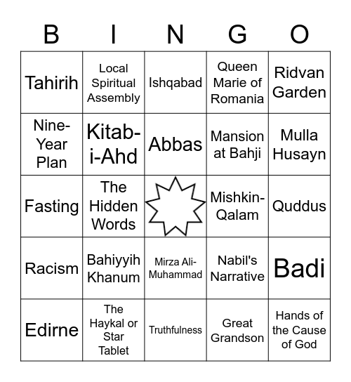 Baha'i Bingo Card