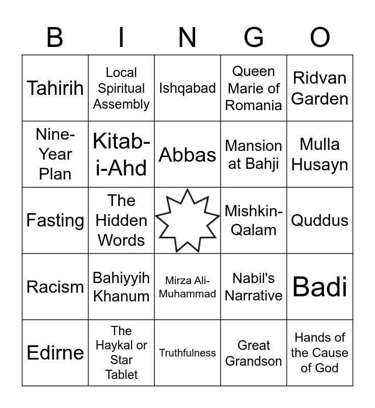 Baha'i Bingo Card