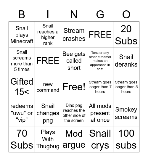 Snail Subathon Bingo Card