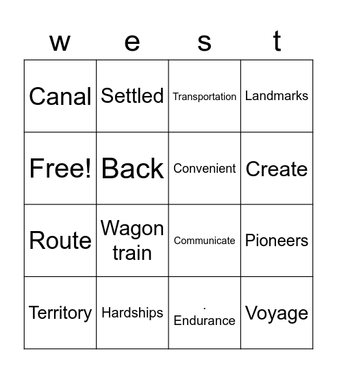 Westward expansion vocab 2nd grade Bingo Card