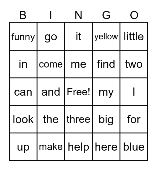 Sight word Bingo Card