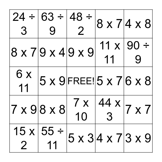 Multiplication/Division Bingo! (3rd and up) Bingo Card