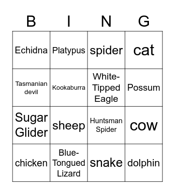 Tasmanian Animals Bingo Card