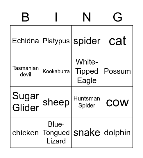Tasmanian Animals Bingo Card