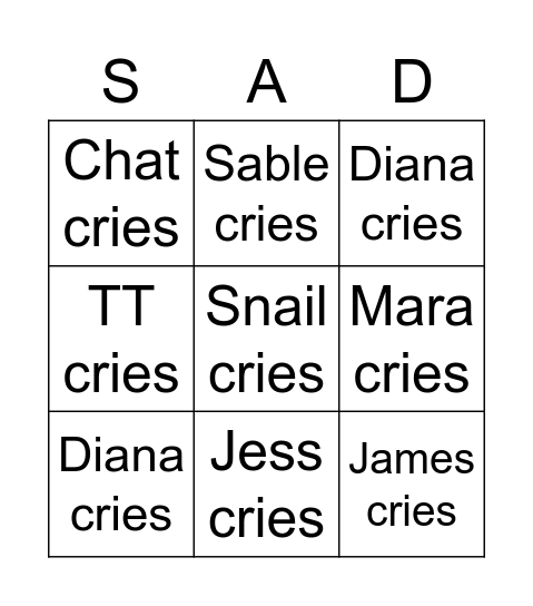 Sad Cast Bingo Card