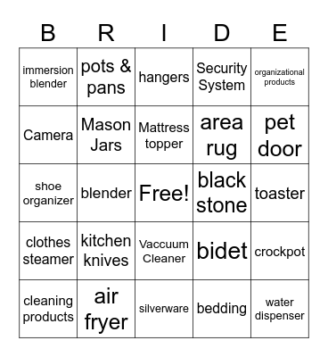 Bridal Bingo Card