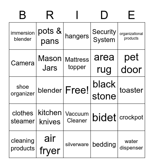 Bridal Bingo Card