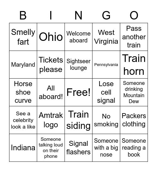 Chicago to DC Bingo Card