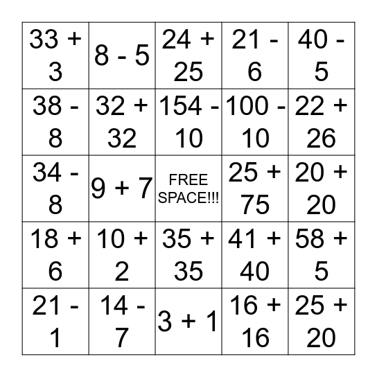 Math Bingo 1-3 Bingo Card