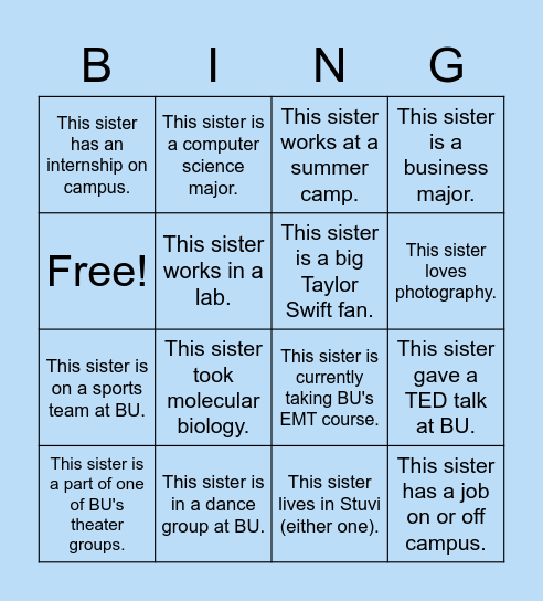 ∆∆∆ BINGO: Get to Know Our Sisters! Bingo Card