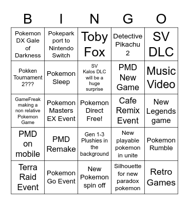 Pokemon Direct Bingo Card