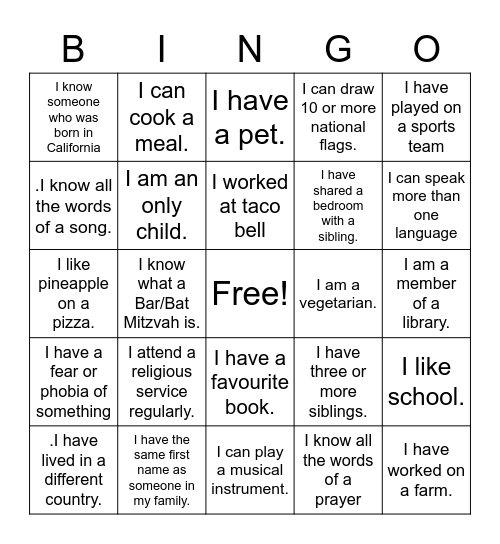 Diversity Bingo Card