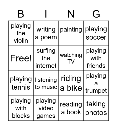 Leisure time Activities Bingo Card