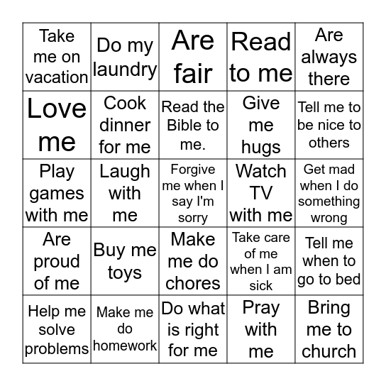 I LOVE My Parents because they; Bingo Card