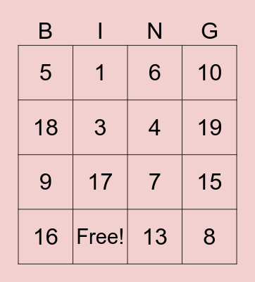 Maths Bingo Card