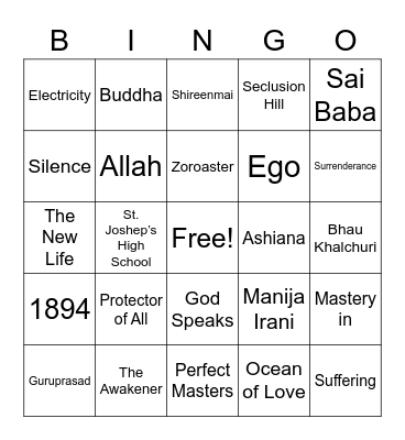 Meher Baba Bingo Card