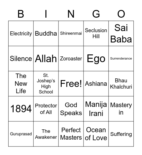 Meher Baba Bingo Card