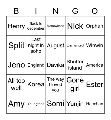 Bingo with Davika. Bingo Card
