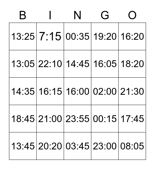 24 Hour Time Bingo Card