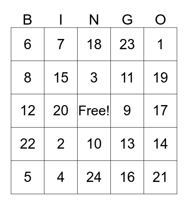 Number Bingo Card