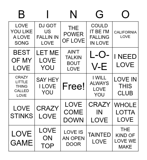 "LOVE" SONGS Bingo Card