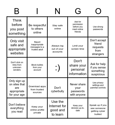 Internet Safety Bingo Card