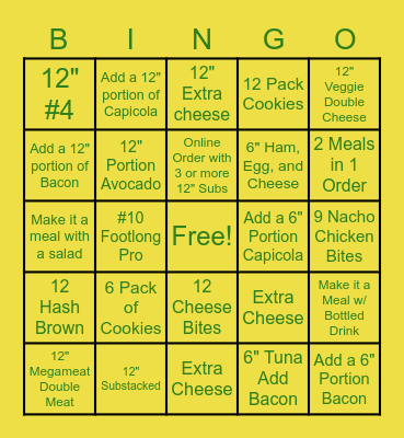 Subway Bingo Card