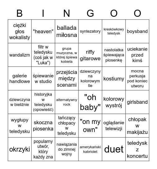 MUZYCZNO-TELEDYSKOWE BINGO - LATA 80 Bingo Card