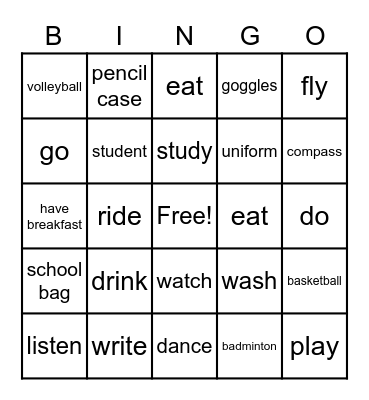 Vocabulary game Bingo Card