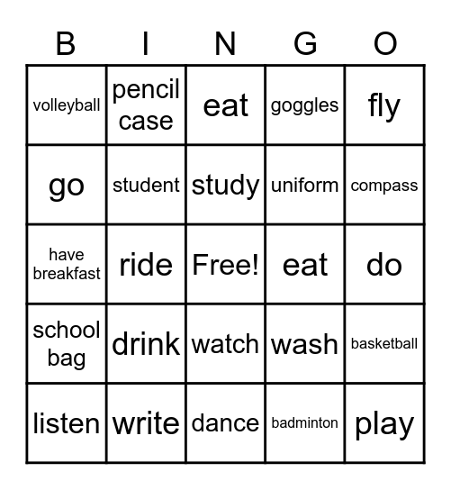 Vocabulary game Bingo Card