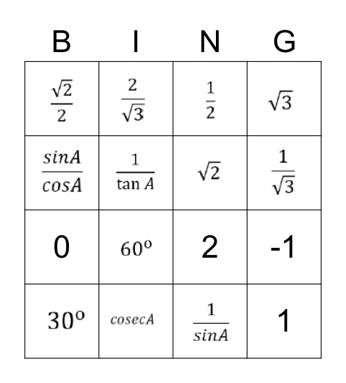 Trigonometric Ratio Bingo Card