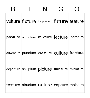 -ture Bingo Card