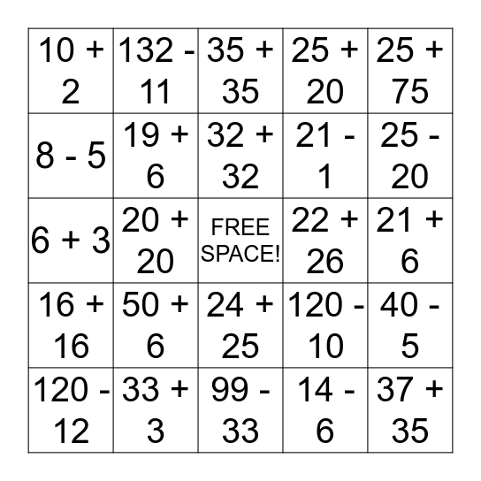 Math Bingo 1-3 Bingo Card