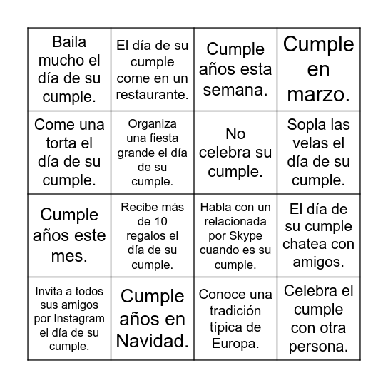 el cumple - busca a una persona Bingo Card